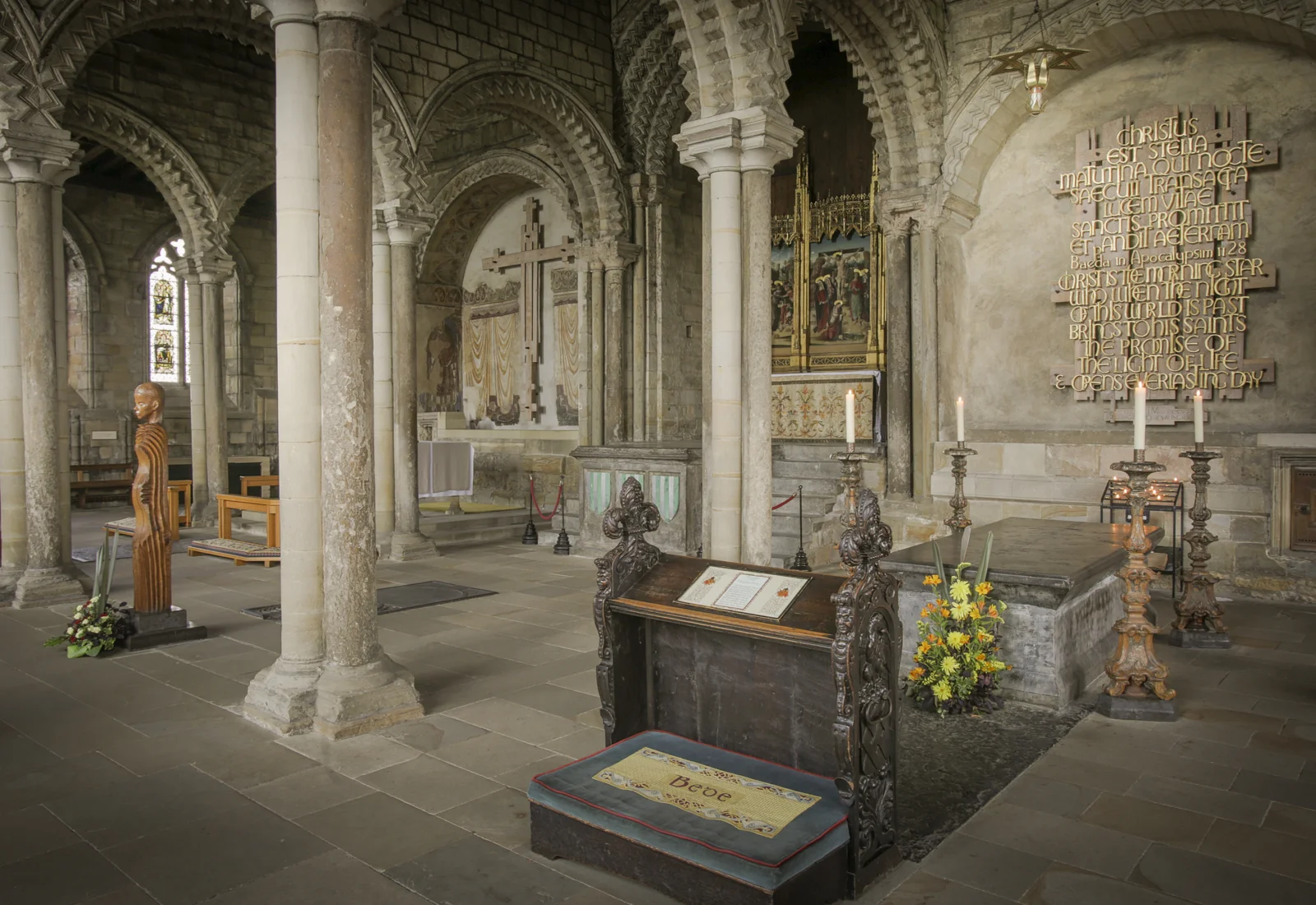 The tomb of the Venerable Bede inside the Galilee Chapel at Durham Cathedral, a sacred site of English Christian history