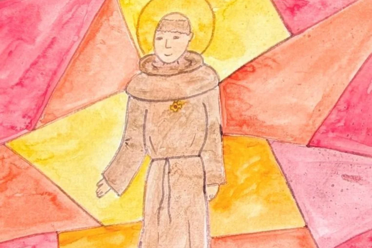 This shows a paper and oil 'stained glass' artwork featuring Saint Cuthbert as a monk
